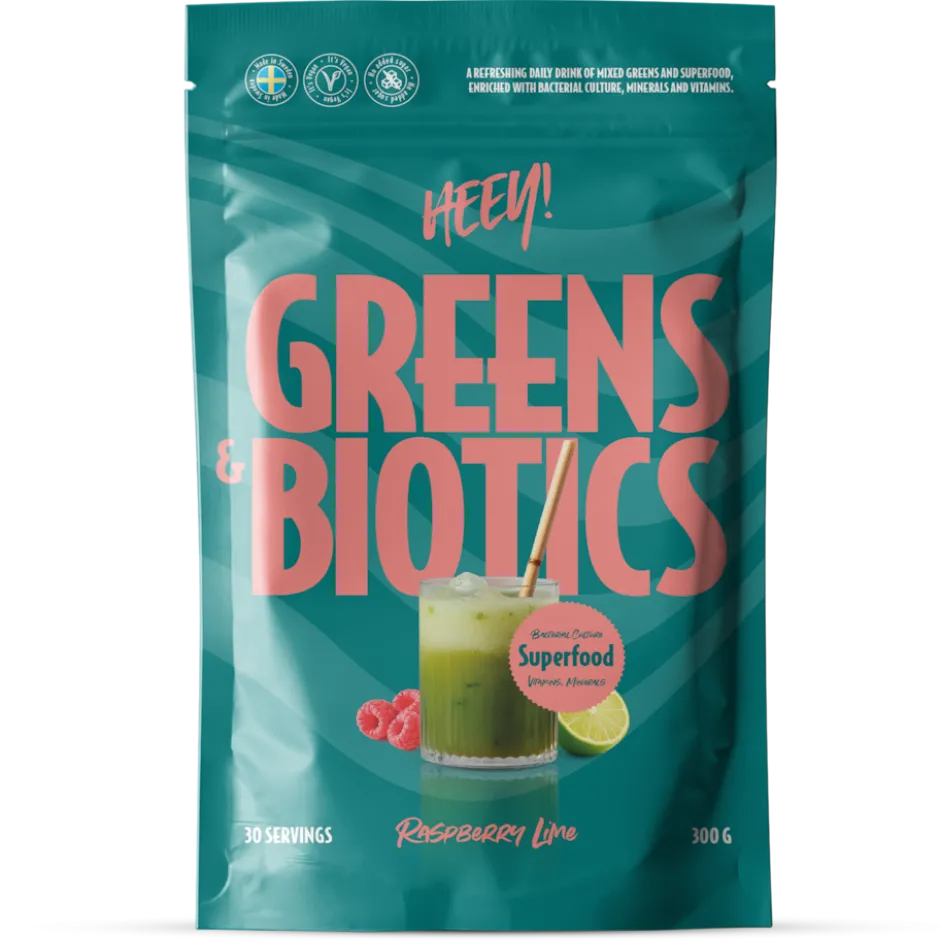 Heey! Greens & Biotics Superfood + Probiotics Raspberry Lime 300g